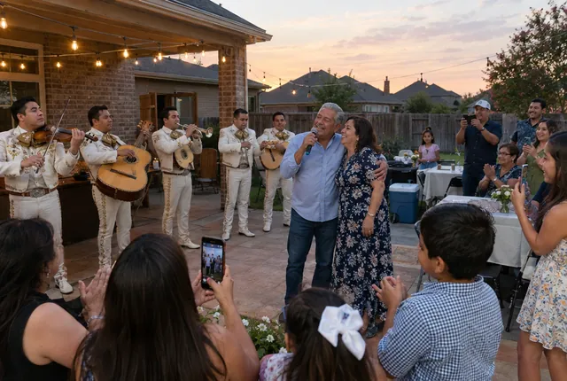 A mariachi plays on a backyard patio at dusk while a birthday man sings along with his wife.