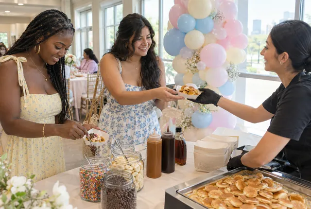 Two guests pick toppings at a mini pancake bar at a baby shower.