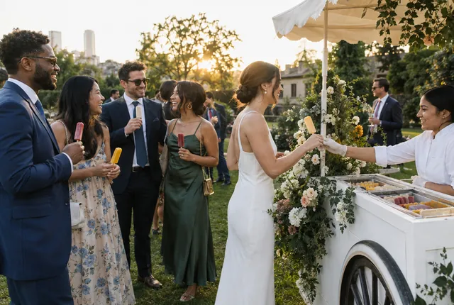 A bride takes a paleta from a flower-trimmed cart during a garden cocktail hour.