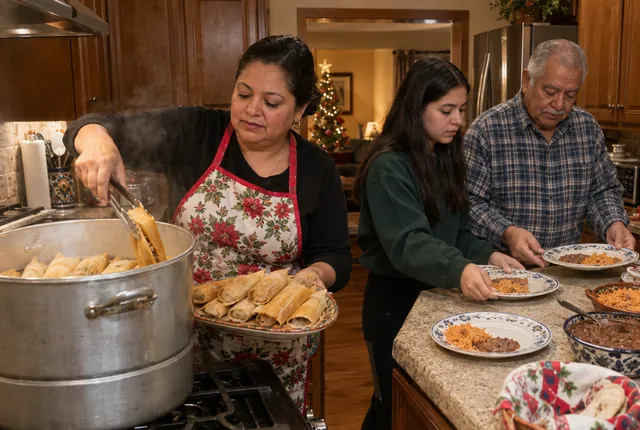 A mother lifts tamales out of a steaming pot in a family kitchen at Christmas.