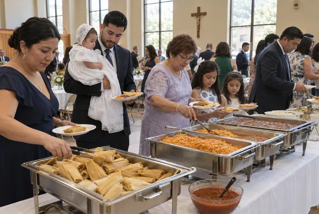 Guests in their Sunday clothes fill plates with tamales, rice and beans at a baptism reception in a parish hall.