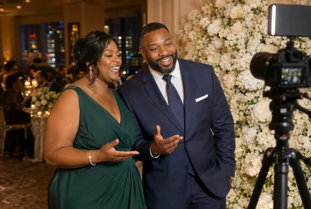 A couple laughs while recording a message into a camera at a wedding reception.