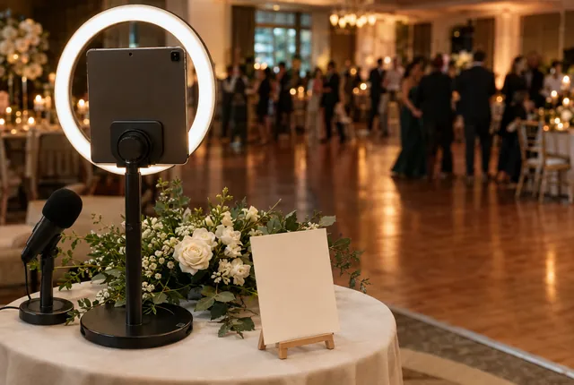 A video guestbook setup: a tablet on a stand with a ring light, a microphone and white roses.